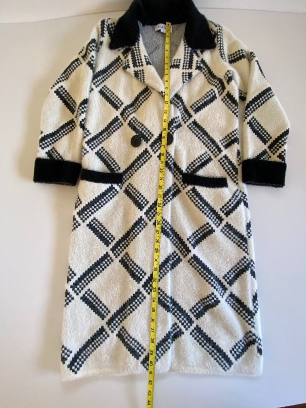 Joseph Ribkoff Windowpane Diamond Longline Coatigan Jacket Black Cream Sz Small - Picture 9 of 10